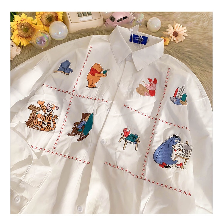 Áo sơ mi trắng dáng rộng thêu họa tiết hoạt hình thời trang mùa thu thích hợp cho nữ