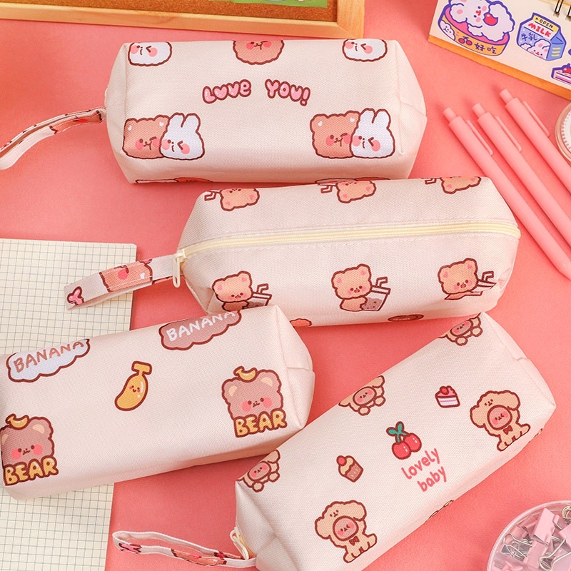 Bóp bút vải canvas B01 Túi đựng bút hình gấu trà sữa dễ thương tiện dụng