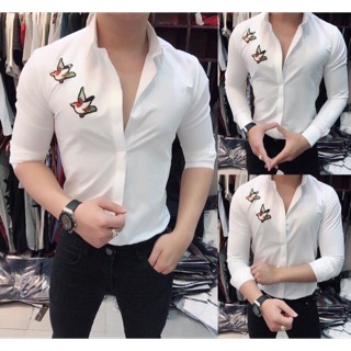 Áo sơmi body hoạ tiết thêu chim