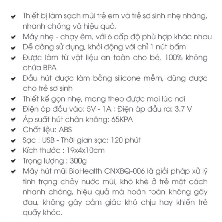 [CHÍNH HÃNG] Máy hút mũi BIOHEALTH CNXBQ - 006 máy hút điện tử đầu mềm làm sạch mũi, an toàn cho bé BẢO HÀNH 2 năm.