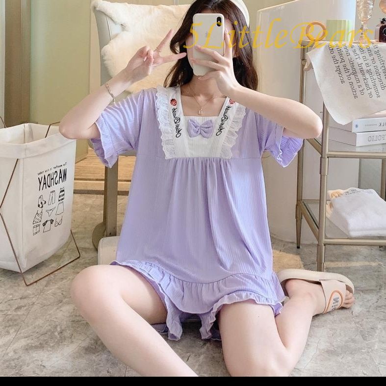 Bộ Đồ Ngủ Ngắn Tay Cổ Vuông Phối Ren Phong Cách Đơn Giản Cho Nữ