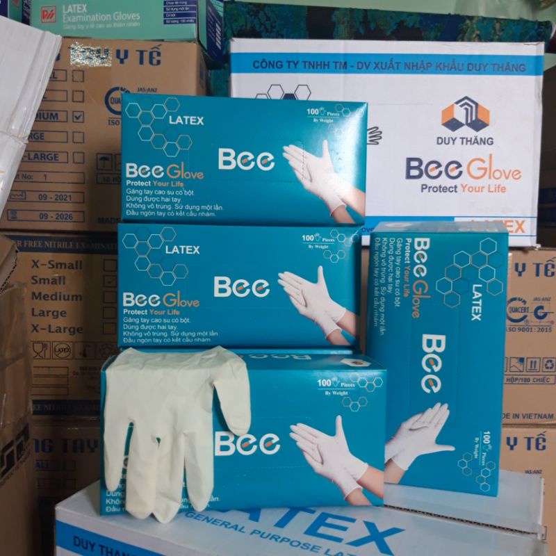 Hộp 100 Chiếc Găng Tay Cao Su Y Tế Bee Glove Latex Có Bột Màu Kem 6.0gr - Size S,M,L Dùng Trong Nha Khoa, Spa, Thẩm Mỹ X