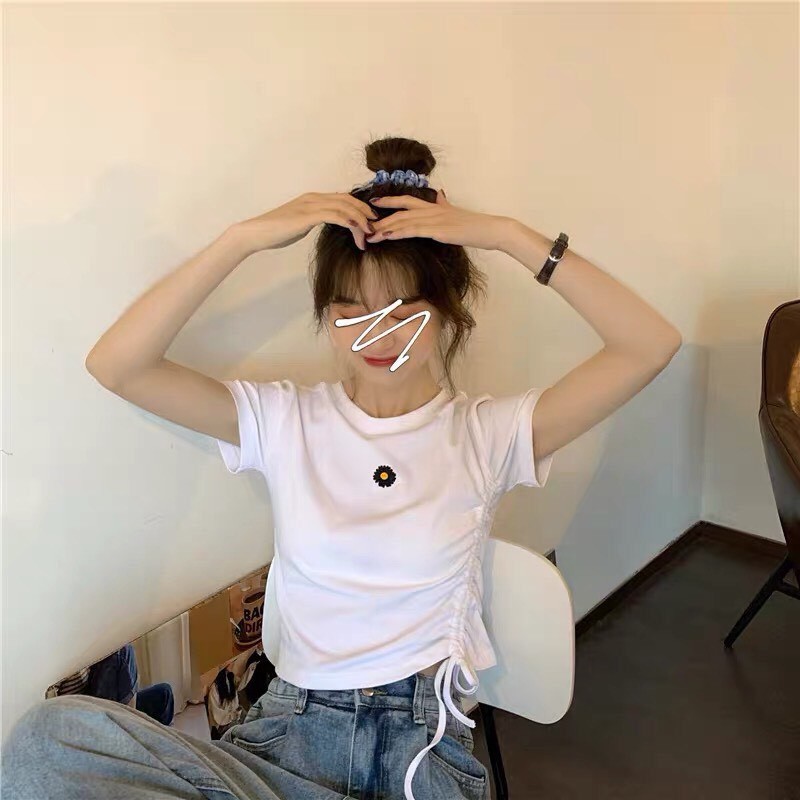 Áo croptop rút dây  một bên cao cấp thêu hoa cúc  siêu xinh 🤩
