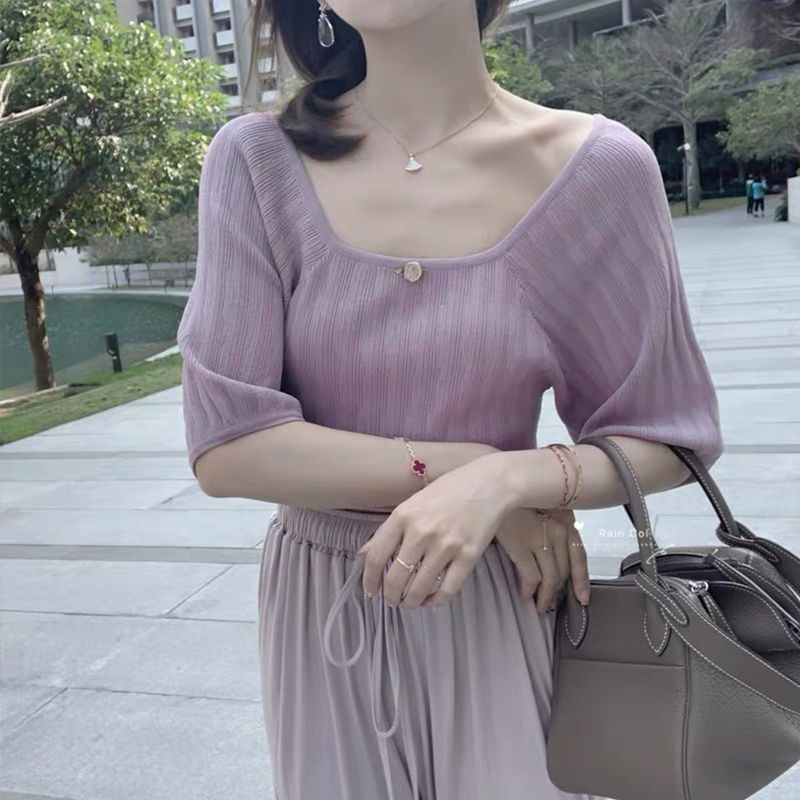 Áo Croptop Tay Ngắn Cổ Vuông Xinh Xắn Phong Cách Pháp Cho Nữ