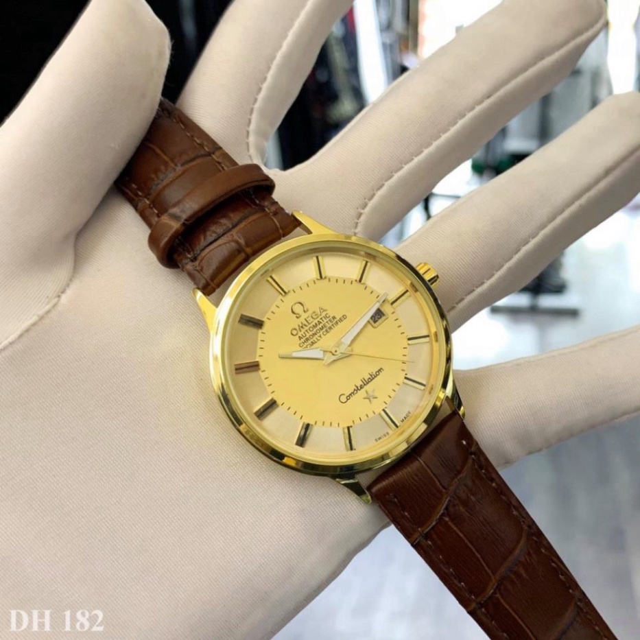 Đồng hồ nam Omega mặt tròn viền mạ vàng sang trọng, dây da cao cấp chống nước DH182 shop404