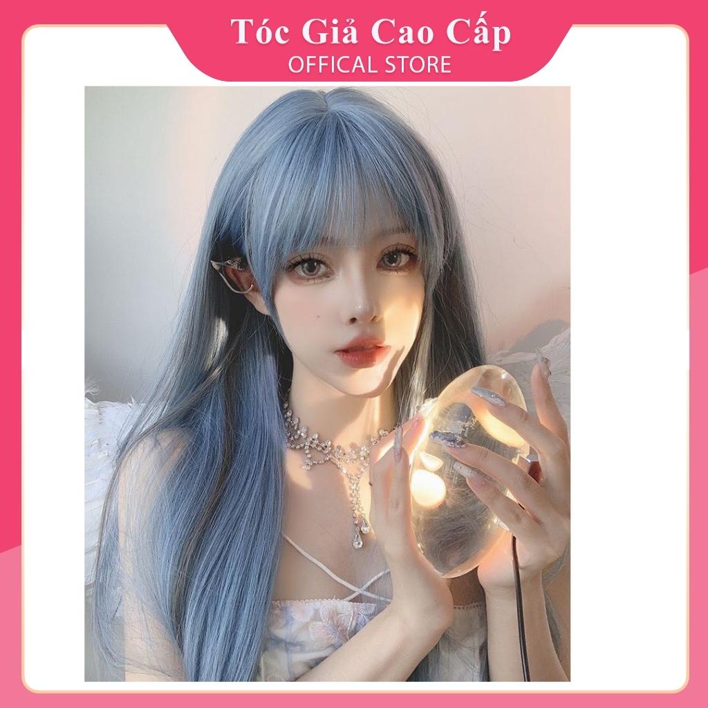 Tóc giả nữ nguyên đầu nữ đẹp màu xanh dương phối line nâu, mẫu mới siu đẹp, tặng lưới trùm, BHT017