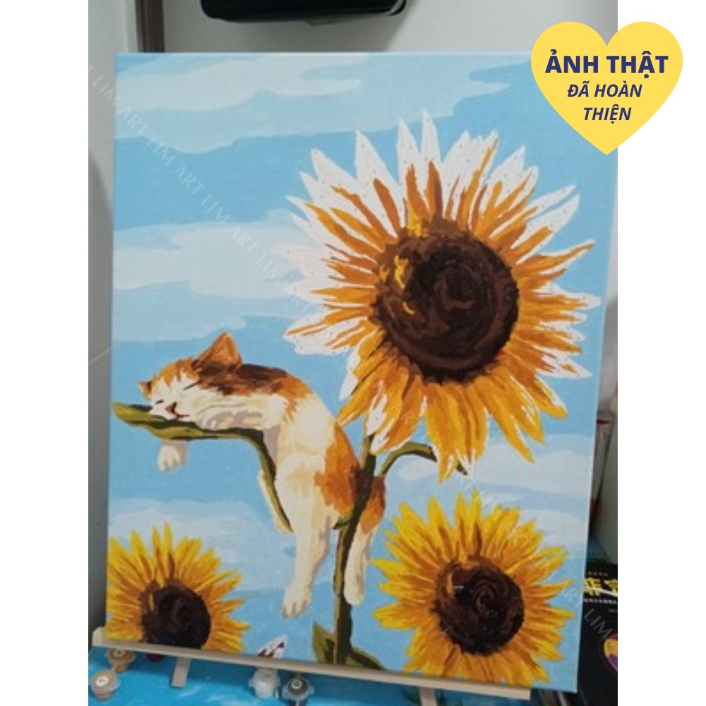 Tranh tô màu theo số mèo và hướng dương -Tranh số hóa có khung LIM Art T408