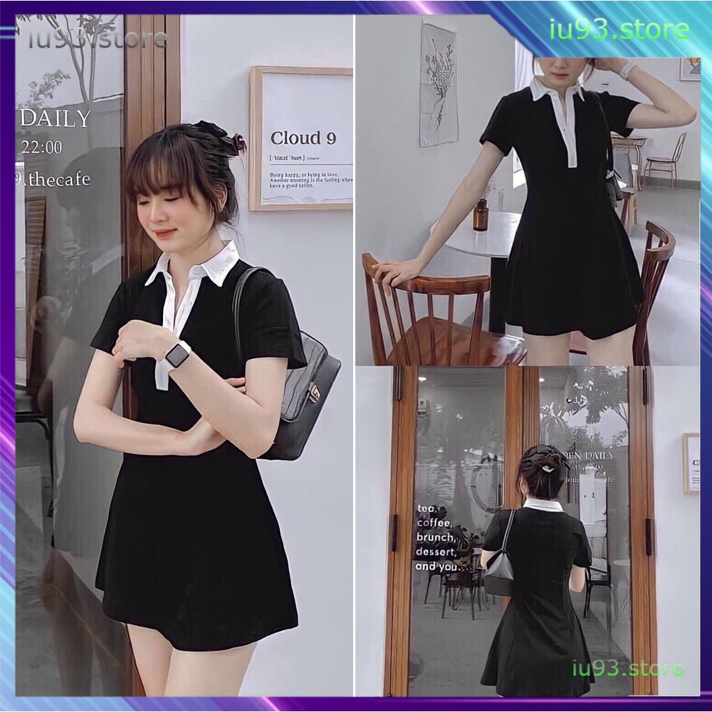 {SP mới - sẵn} -  Đầm Polo Nữ Đen Xòe Dáng Ôm 💎 Váy Polo Nữ Cổ Phối Trắng Chất Borip Dáng Chữ A Ngắn Body 💎 - iu93.sto | BigBuy360 - bigbuy360.vn