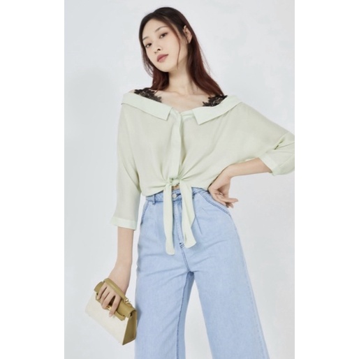 Vero Moda áo sơ mi cách điệu rớt vai vạt áo buộc