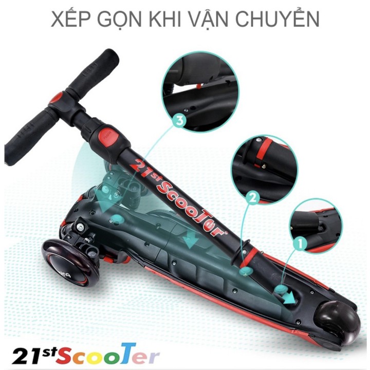 Xe trượt scooter 21st có giảm sốc và đèn led bánh kèm phụ kiện cao cấp