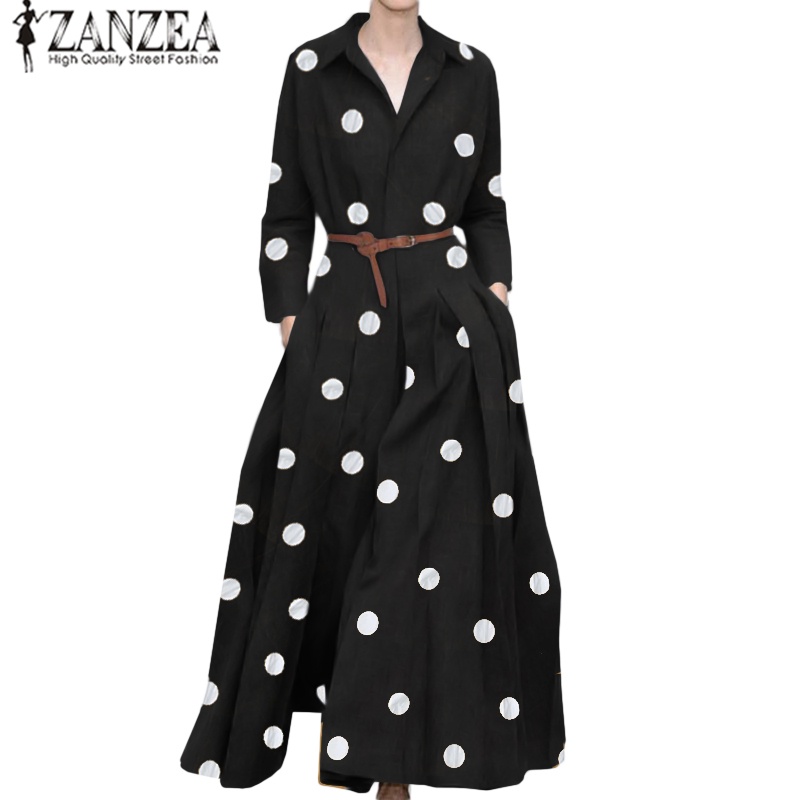 Đầm maxi ZANZEA xếp ly cổ bẻ họa tiết chấm bi dành cho nữ