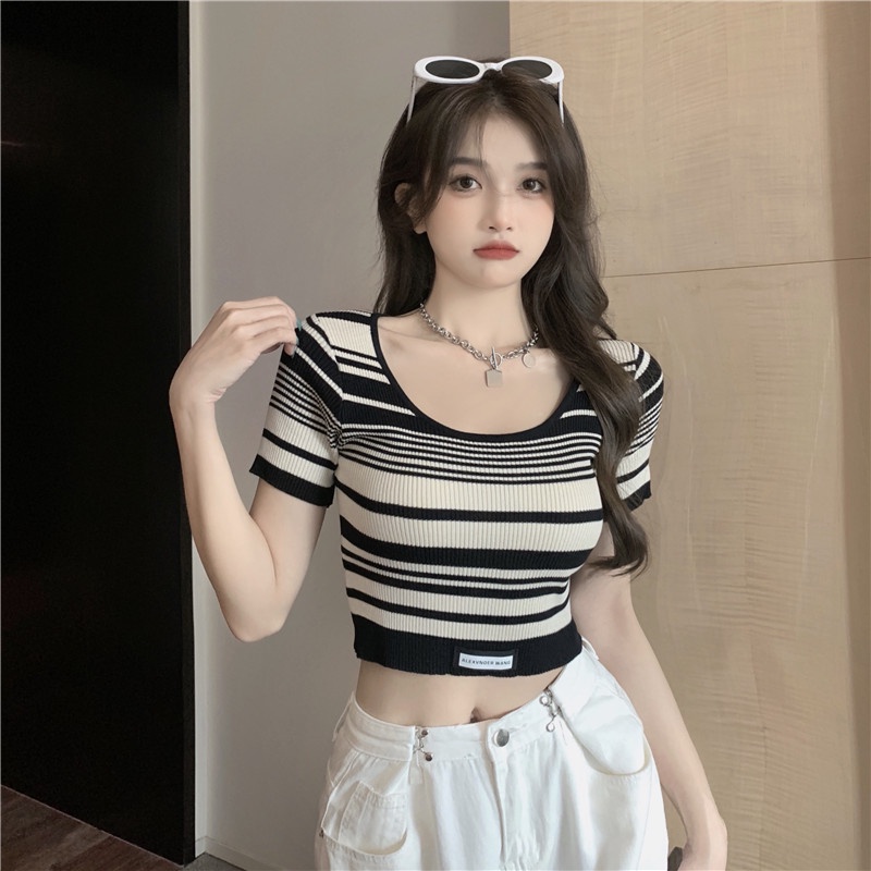 NUZIRO  Áo kiểu tay ngắn/ Áo kiểu hai dây  họa tiết kẻ sọc ngang thời trang dành cho nữ