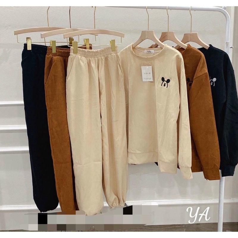 Set Len Tăm Unisex Thêu Hình Micky  Bộ Đồ Sweater Ống Bom Áo Dài Tay Form Rộng Nam Nữ Ulzzang