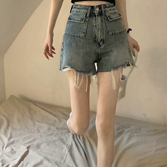Quần ngắn SUXI denim lưng cao phong cách cổ điển dành cho nữ