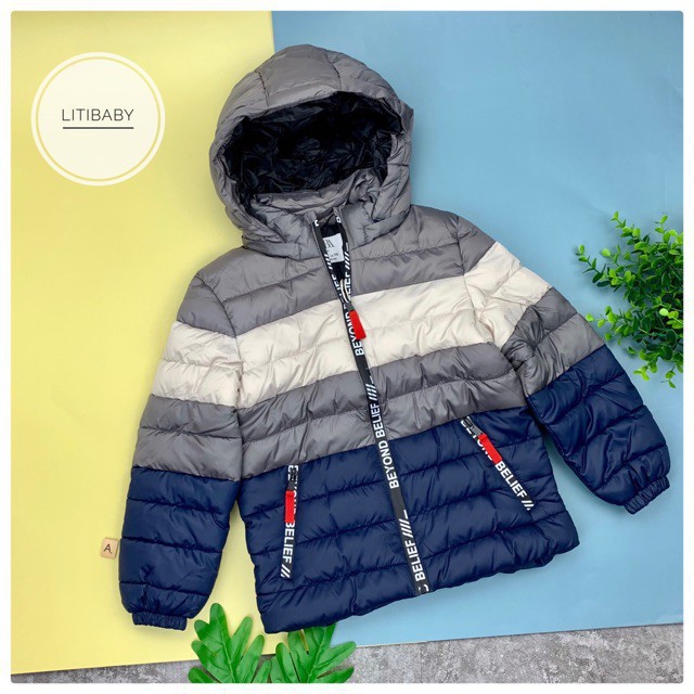 Áo phao thu đông trần bông phối màu, khóa túi, tay bo bé trai size 5/6-13/14, cho bạn từ 25-50kg. Mũ có thể tháo rời
