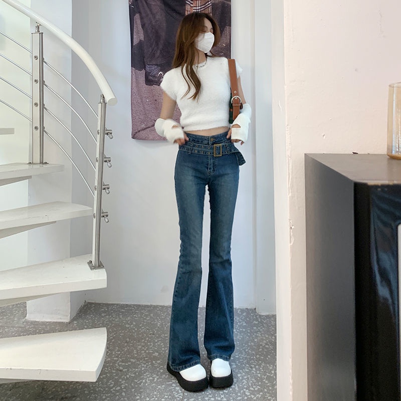 Jiashucheng Quần Jean Dài Ống Loe Lưng Cao Nhẹ Nhàng Ôm Dáng Mùa Xuân Hè Châu Âu Cổ Điển Cho Nữ