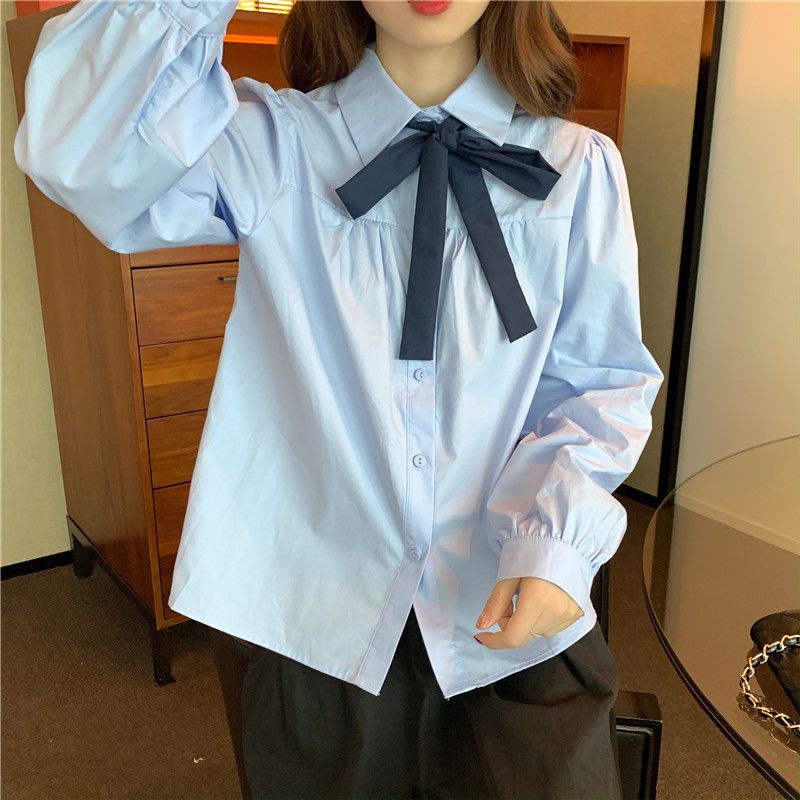 Áo Sơ Mi Tay Dài Phồng Dáng Rộng Thắt Nơ Phong Cách Preppy Ngọt Ngào Siêu Nữ Tính