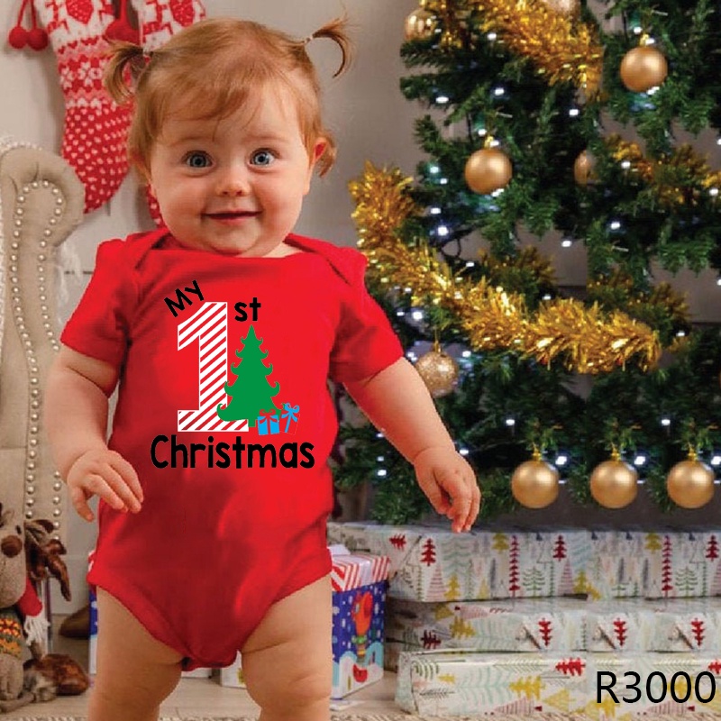 Bộ Áo Liền Quần Vải Cotton Màu Đỏ In Chữ Merry Christmas Thời Trang Giáng Sinh Cho Bé