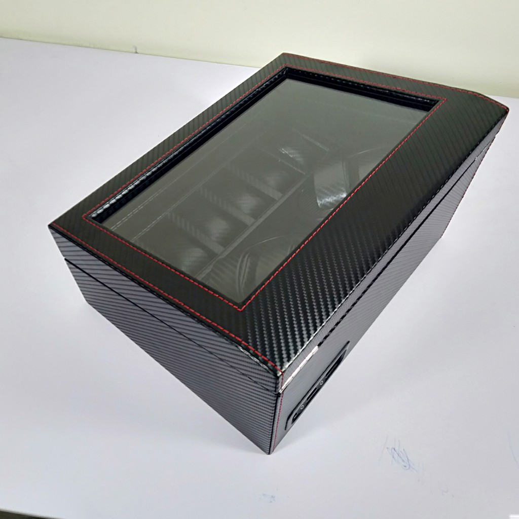 Hộp đựng đồng hồ xoay tự động Tbox, hộp 4 xoay 6 trưng bày cho đồng hồ cơ bọc da vân CACBON cao cấp động cơ Mabuchi Nhật