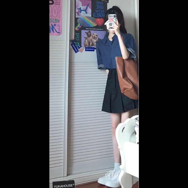 Set Áo Thun Tay Ngắn + Chân Váy Denim Xếp Ly Thời Trang Mùa Hè Cho Bé Gái