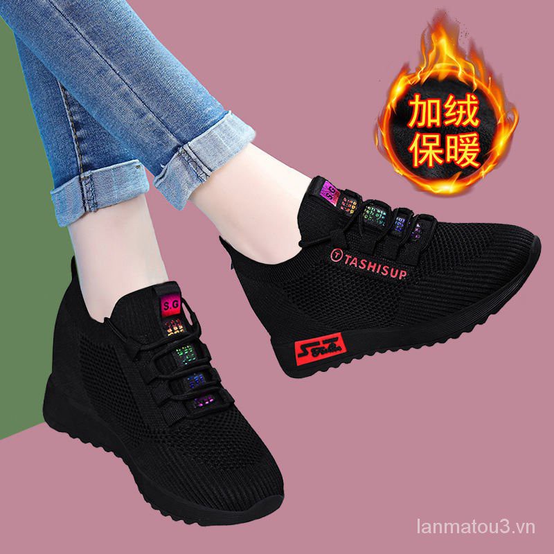 Height Increasing Insole Women's Shoes Spring and Summer2020New Versatile Casual Travel Shoes Platform Black Breathable Sneakers for Women