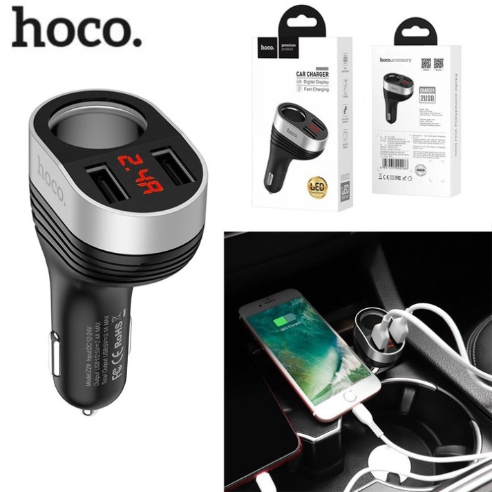 Bộ chia tẩu sạc ô tô nhãn hiệu Hoco Z29, dòng ra 2.4A, công suất 80W - Hàng chính hãng