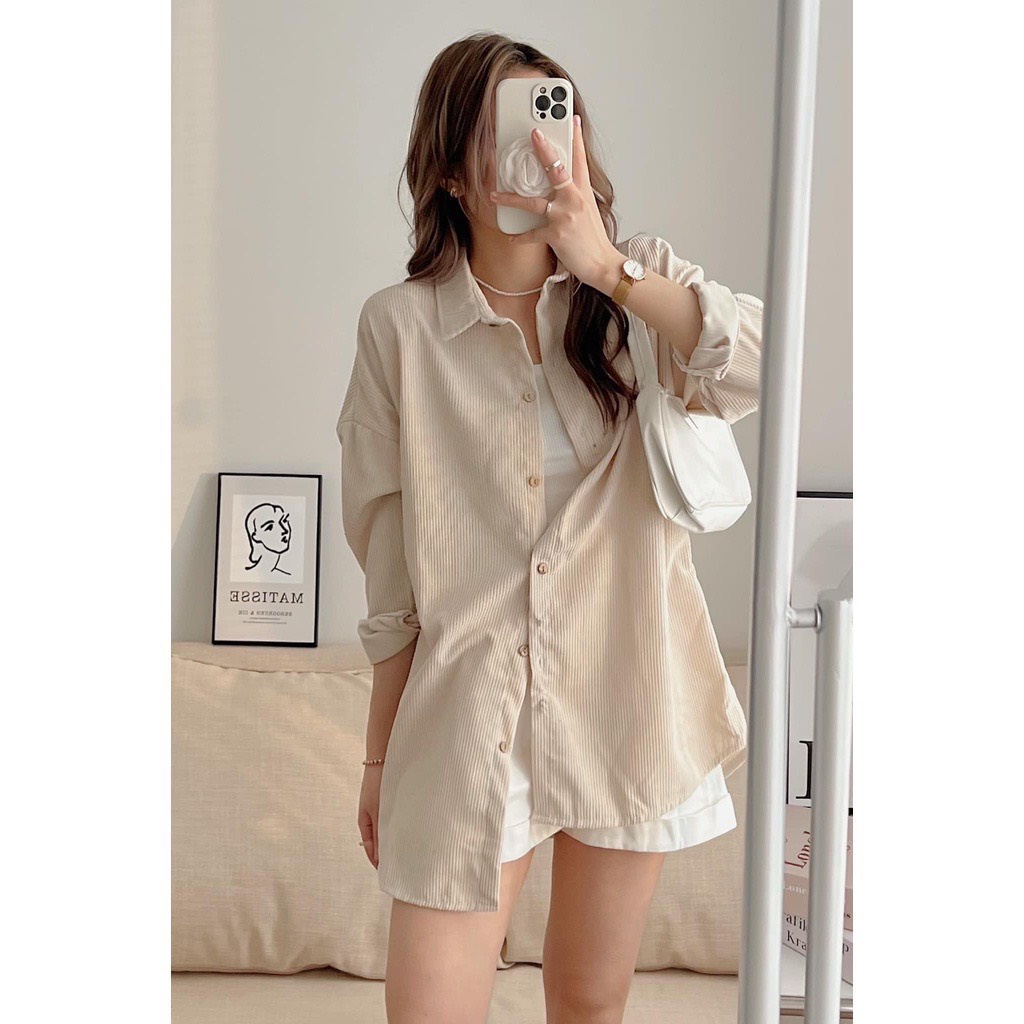 Áo sơ mi nữ nhung tăm form rộng tay dài khoác ngoài bigsize LAVILO SM09