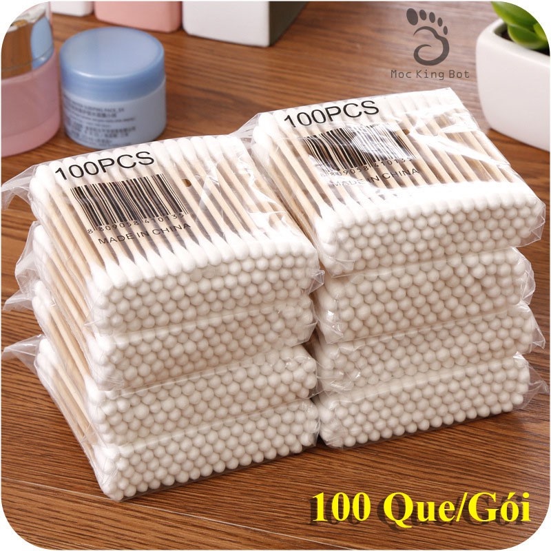 Tăm Bông Ngoáy Tai Túi 100 Que Thân Gỗ