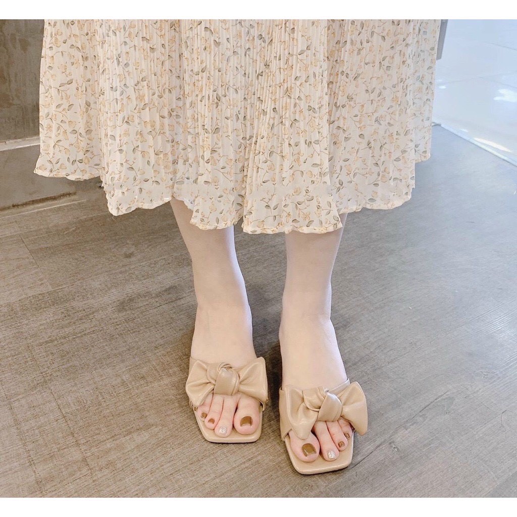 Dép thời trang nữ phối nơ xoắn gót 3cm xinh xắn