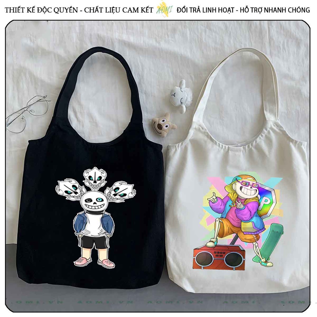 TOTE CANVAS Sans family FORM TRÒN TÚI VẢI ĐEO VAI BAG NÚT BẤM SIZE LỚN AOMIVN DU LỊCH  MÀU ĐEN TRẮNG