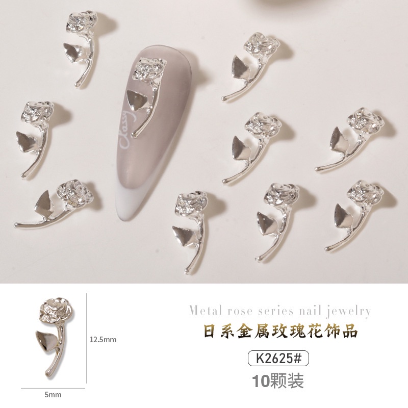 Hàng Có Sẵn Bán Sỉ Phụ Kiện Đính Trang Trí Móng Tay Bằng Hợp Kim Kim Loại Hình Hoa Hồng Ba Chiều Màu Bạc Phụ Kiện Trang Sức Móng Tay
