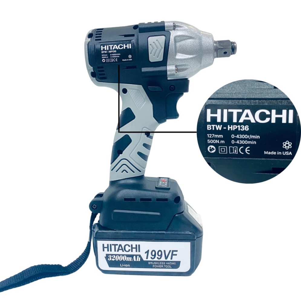 Máy siết bulong Hitachi 199VF - 2 PIN - Đầu 2 trong 1 - Máy bắn bulong KHÔNG CHỔI THAN - TẶNG Đầu chuyển vít, khẩu 22mm