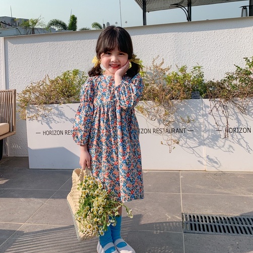 Đầm tay dài in hoa cho bé gái