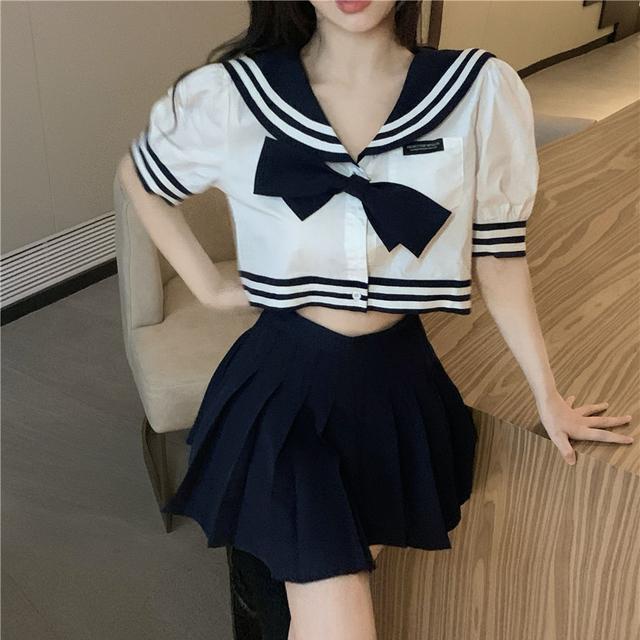 Jiashucheng Bộ Áo Sơ Mi Ngắn Tay Thắt Nơ Cổ + Chân Váy Phong Cách Preppy Thời Trang Mùa Hè Cho Nữ