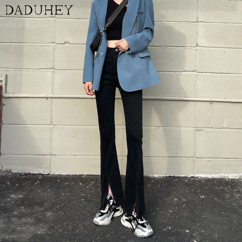 Daduhey Quần jean dài ống loe lưng cao màu đen phong cách Hàn Quốc thời trang mùa hè dành cho nữ 2021