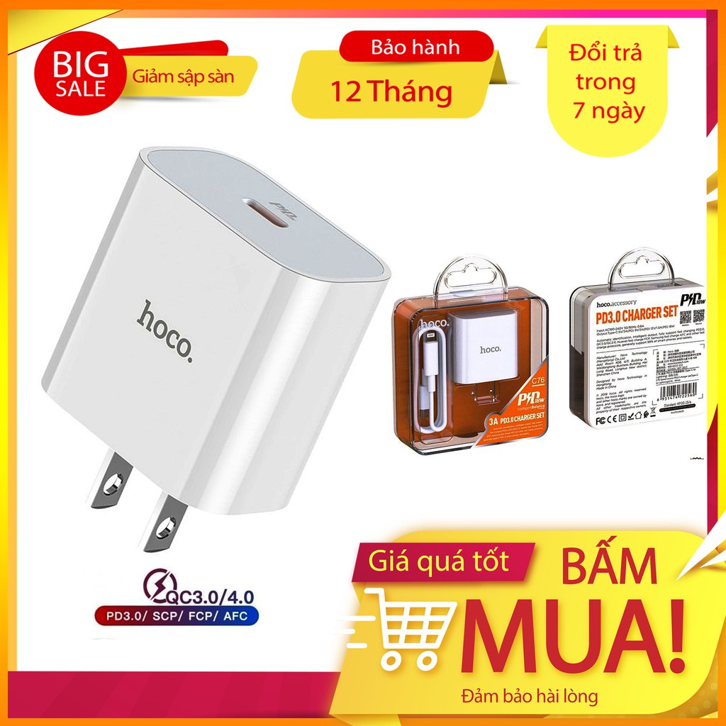 Củ sạc Iphone, sạc nhanh iphone 11 12 13 pro max và củ sạc nhanh samsung chính hãng Hoco C76 Plus PD 20w