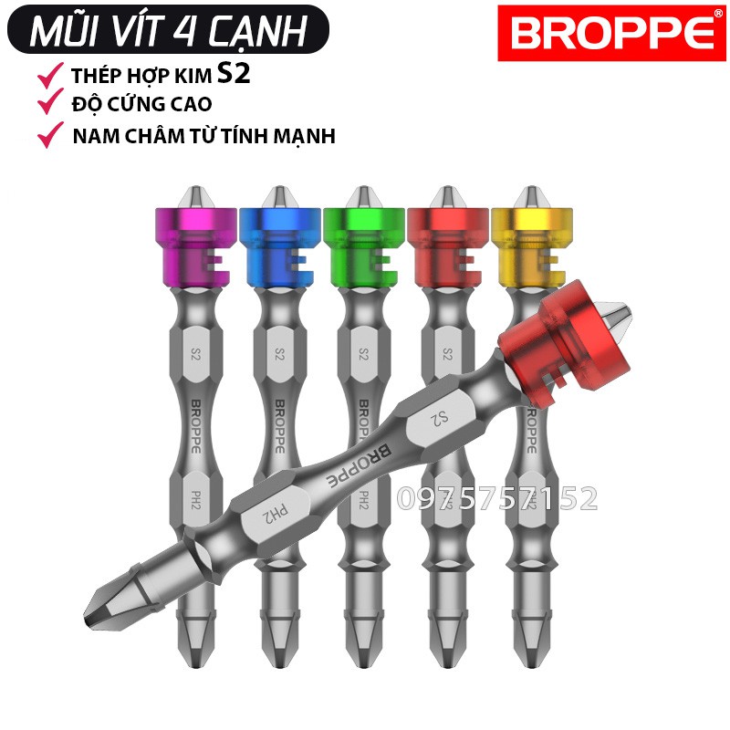 Mũi vít 4 cạnh có nam châm trợ lực PH2 dài 65mm BROPPE, đầu mũi bắn vít Bake có vòng giới hạn nam châm siêu hít