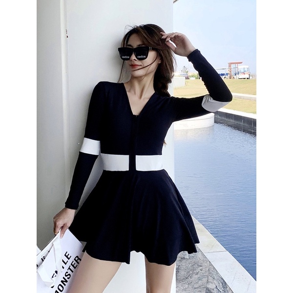 Bikini, đồ bơi nữ liền một mảnh dài tay đen kẻ trắng