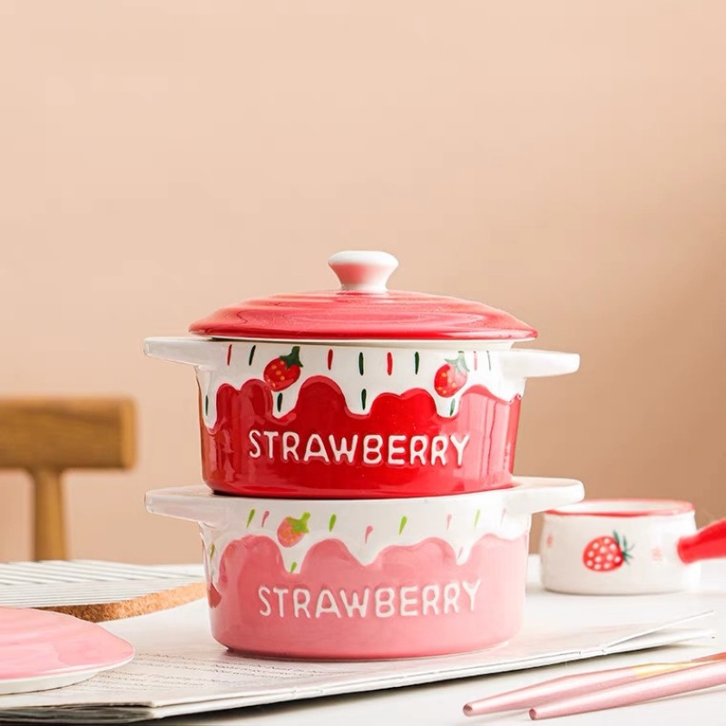 Bát sứ - Bát sứ có nắp - Hũ dâu tây đỏ mọng và hồng viền trắng Strawberry - làm bánh flan, đựng salad