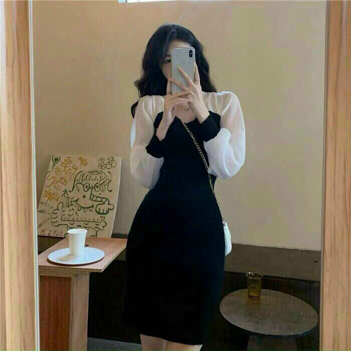 Đầm nữ thiết kế đi tiệc phong cách hàn quốc,đầm thun đen ôm body phối voan tay dài mặc cực tôn dáng, sexy