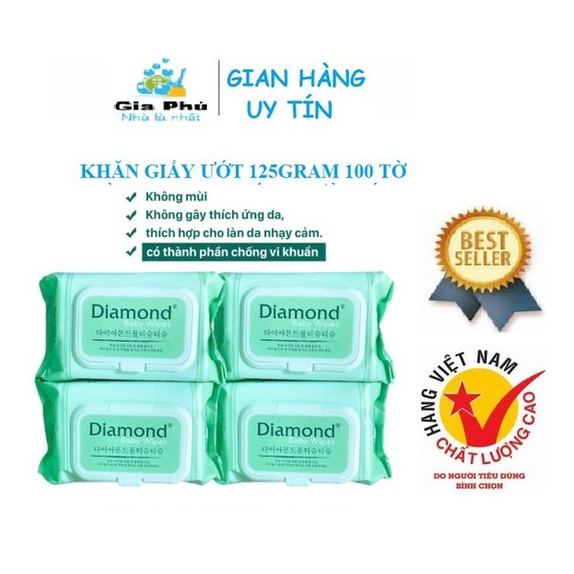 Khăn giấy ướt TIÊU CHUẨN HÀN QUỐC 100 tờ nặng 125gram dùng cho mọi đối tượng ( lau mặt, khô ) DIAMOND tốt hơn BOBBY