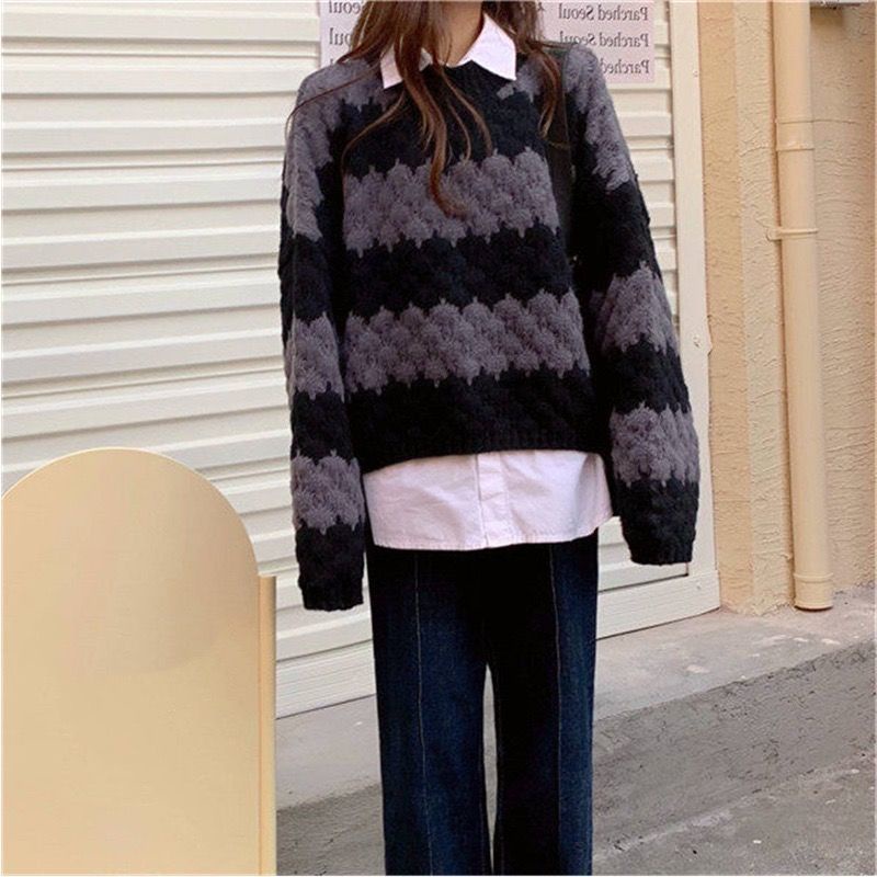 Áo sweater dệt kim mềm mại họa tiết kẻ sọc màu tương phản phong cách HànQuốc