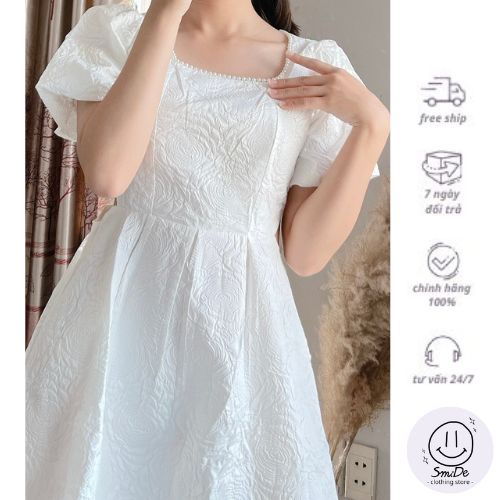 Đầm Váy Xốp Vân Hoa Tay Phồng Cổ Vuông Viền Ngọc Trai Tà Váy Xòe Dài Đến Đầu Gối Trẻ Trung | Smide Clothing