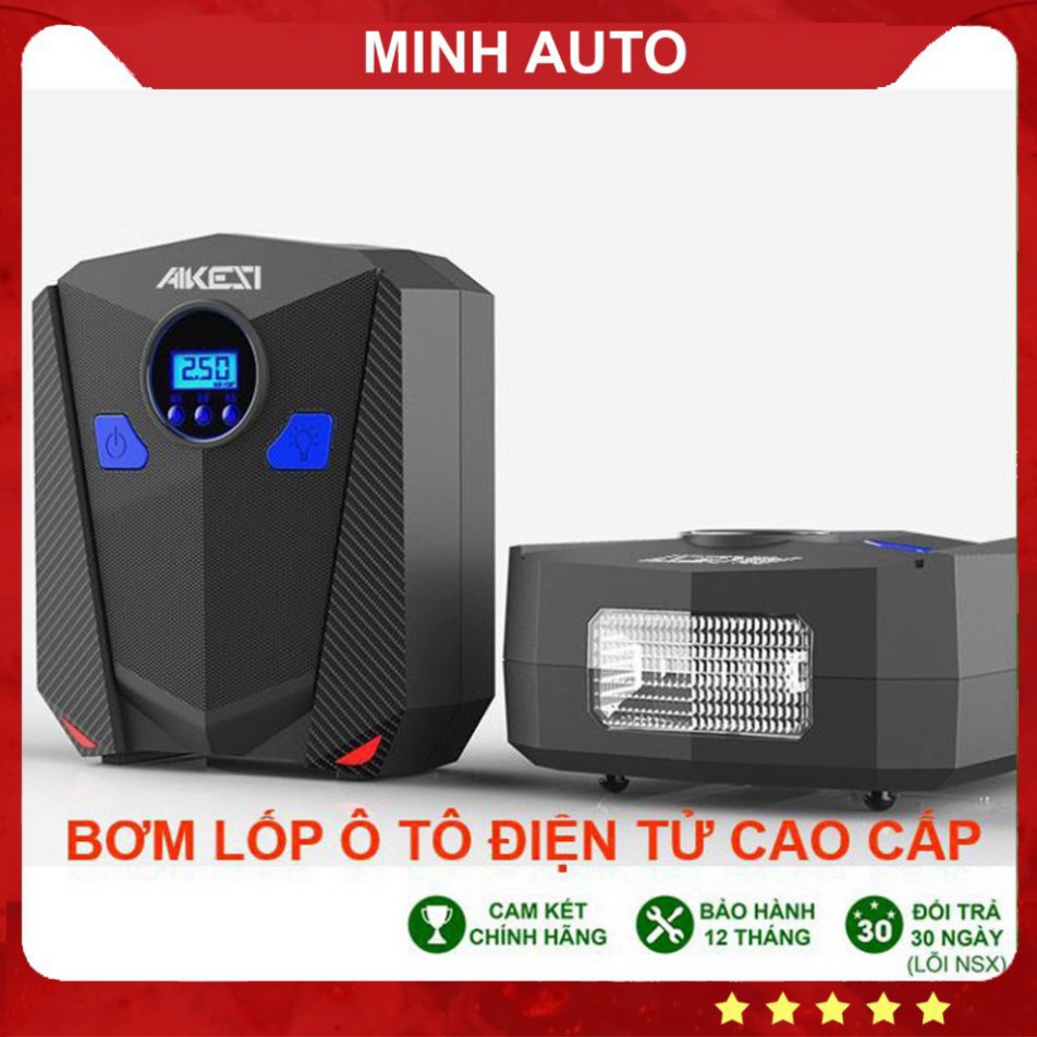 Bơm Lốp Ô Tô - Bơm Xe Ô Tô Aikesi Điện Tử Đèn Led Tích Hợp Đèn Pin Cắm Tẩu 12V Có Tự Ngắt