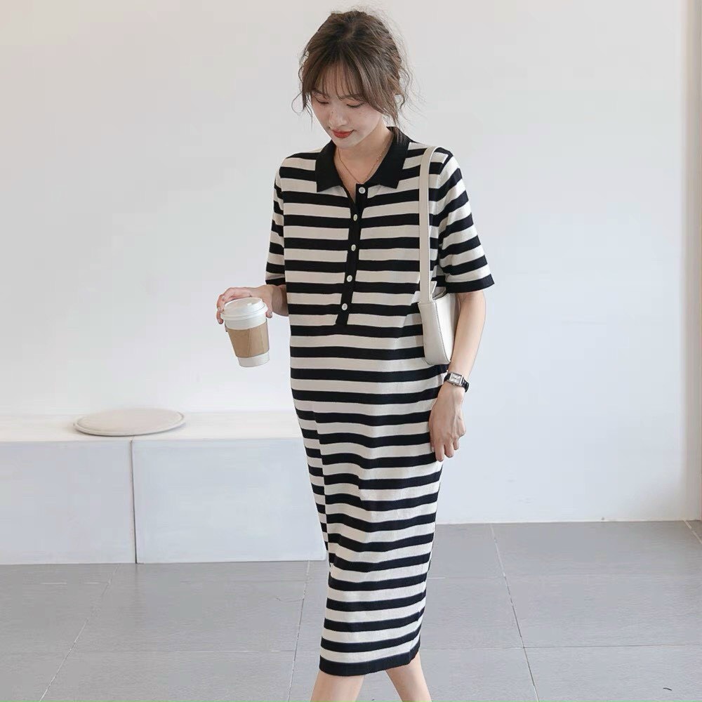 Váy Bầu Đầm Bầu Thiết Kế Kẻ Ngang,Cổ Sơ Mi, Dáng Suông Dài Thời Trang Xinh Xắn Lịch Sự A115 Lin Store66