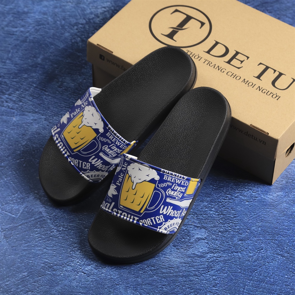 Dép Quai Ngang Unisex DETU DNT19 hình ly Bia (Đen/Xanh)