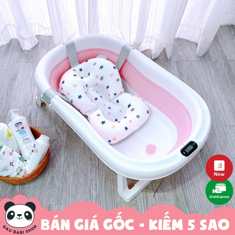 FREE SHIP !!! Chậu tắm có nhiệt kế cho bé gấp gọn kèm phao màu hồng 9BABY