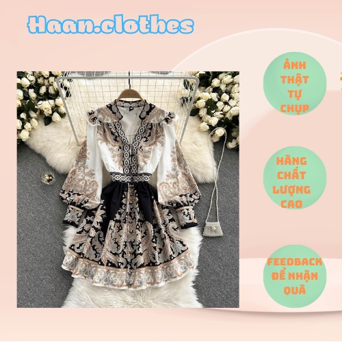 Cung điện phong cách retro in nhỏ cổ chữ V lồng ngực đơn ngực tay áo phụ nữ thắ