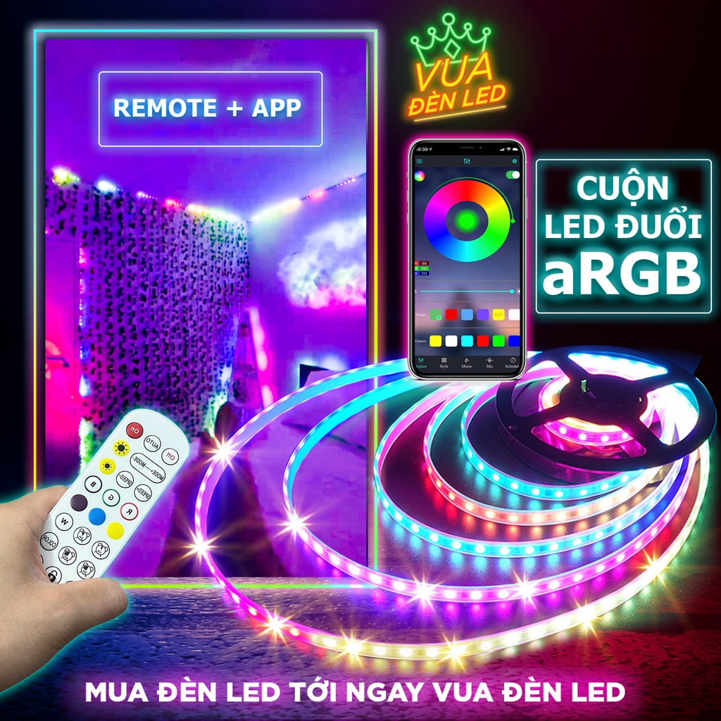 Dây đèn led đuổi ARGB 16 triệu màu, cảm biến âm thanh trực tiếp, điều khiển bằng điện thoại, led 5050 IP65 cao cấp