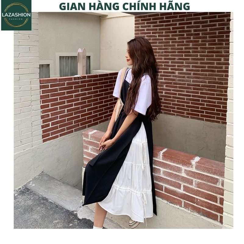 Set váy yếm đen trắng đầm nữ áo cộc tay croptop kèm váy 2 dây dài maxi dáng xòe kiểu dáng ulzaang hàn quốc hot trend | BigBuy360 - bigbuy360.vn